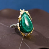 Bague Malachite Feuille de Chance Argent Plaqué Or Ajustable - Biloria