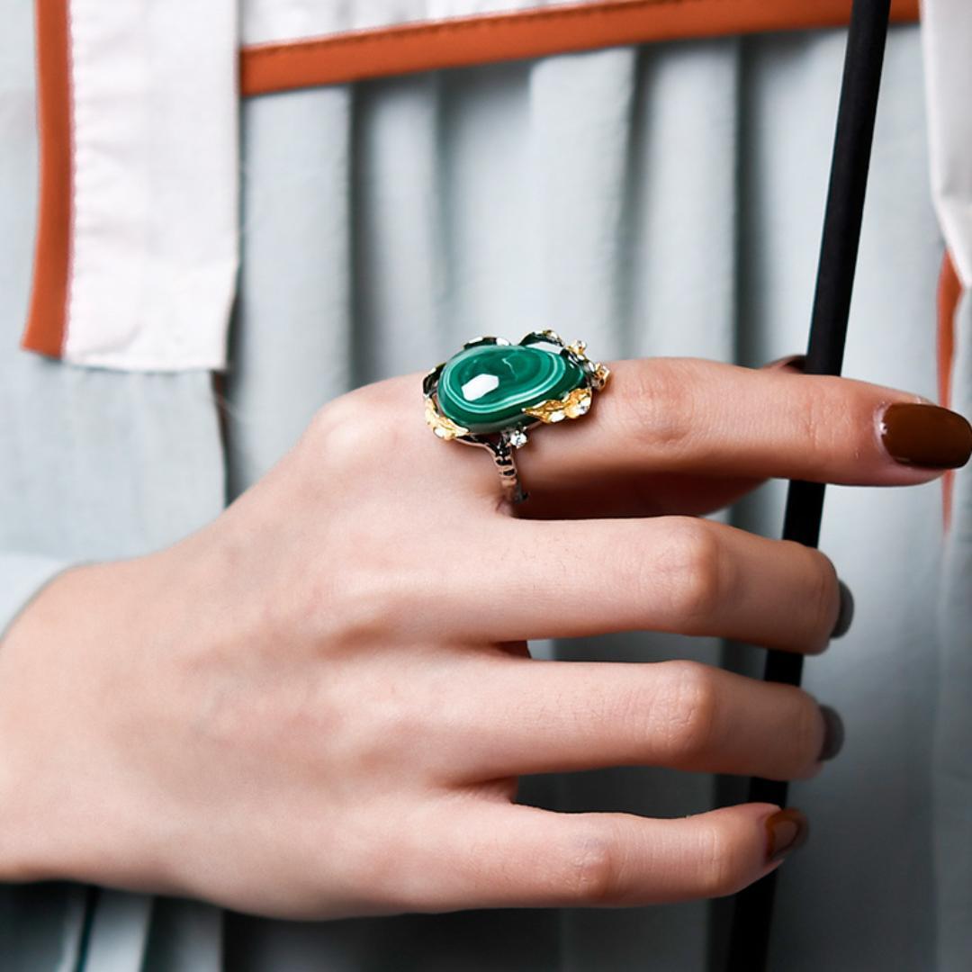Bague Malachite Feuille de Chance Argent Plaqué Or Ajustable - Biloria