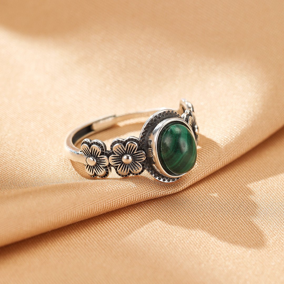 Bague Malachite Fleur Argent 925 Ajustable Féminin - Biloria