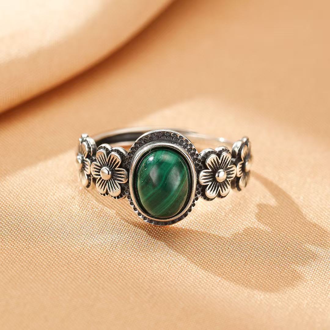 Bague Malachite Fleur Argent 925 Ajustable Féminin - Biloria