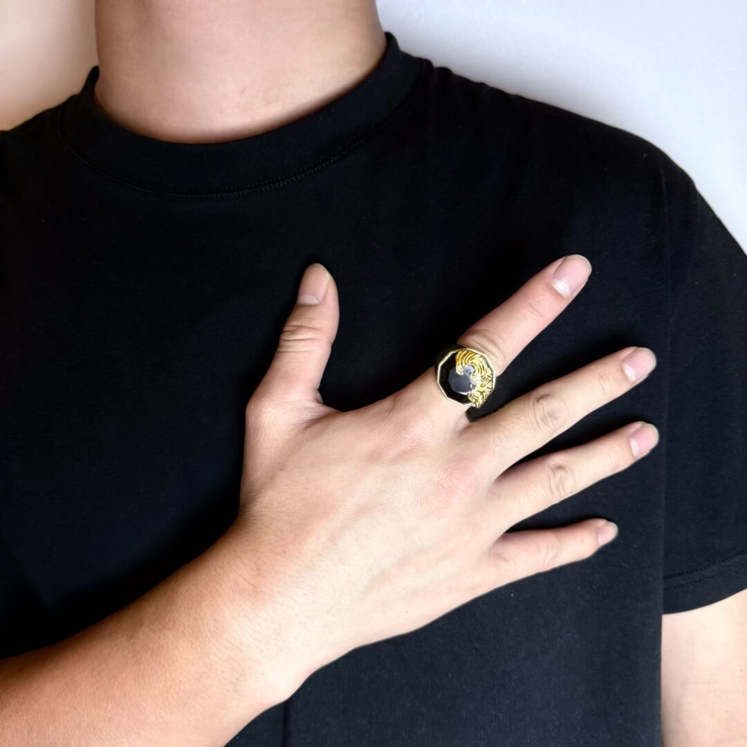 Bague Obsidienne Noire Homme – Argent Plaqué Or, Protection - Biloria