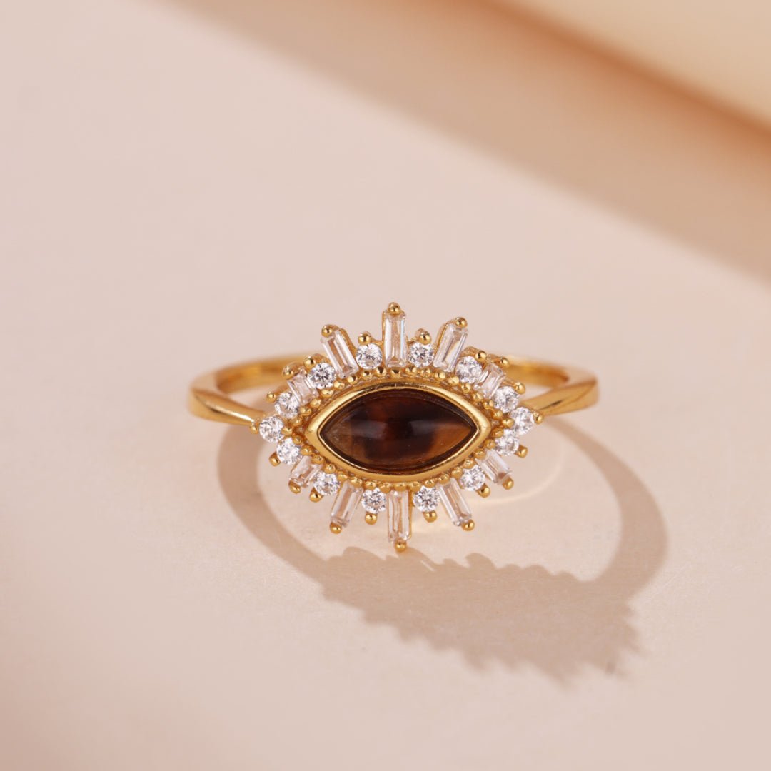 Bague Œil de Tigre Larme – Protection et Élégance Argent Plaqué Or - Biloria