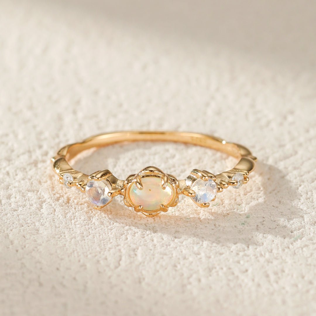 Bague Opale et Pierre de Lune ajustable argent plaqué or - Biloria