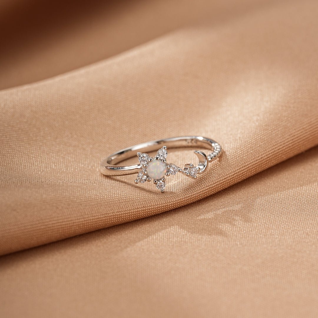 Bague Opale Lune Stellaire Argent 925 Ajustable - Biloria