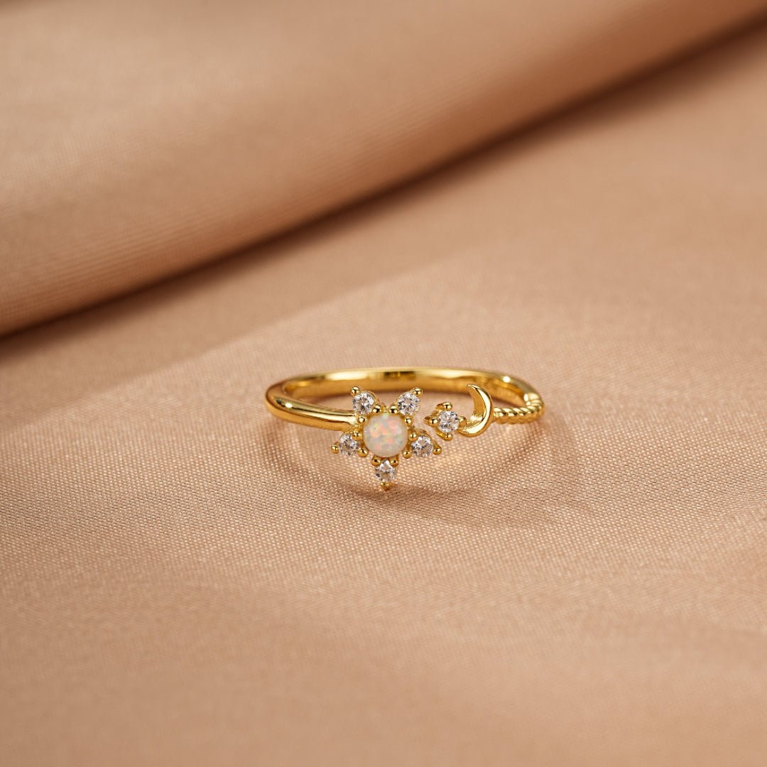Bague Opale Lune Stellaire Argent 925 Ajustable - Biloria