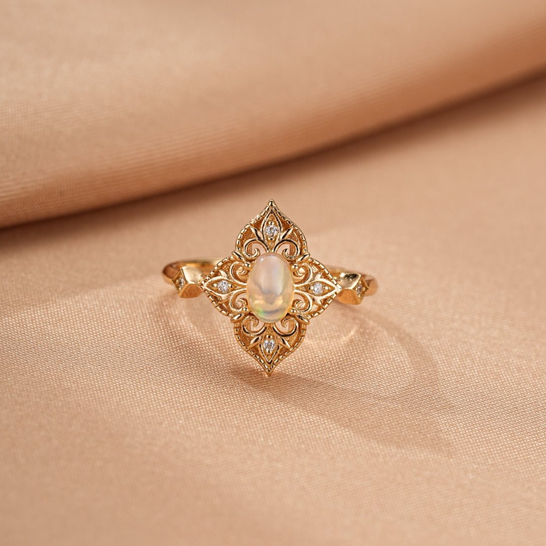 Bague Opale Naturelle Argent Plaqué Or 10K Bijou Bohème Ajustable - Biloria