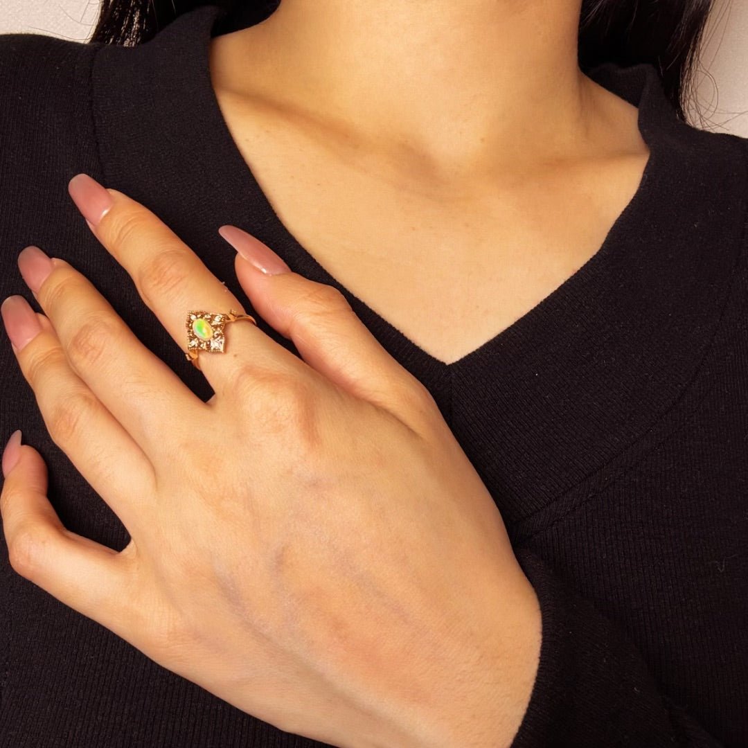 Bague Opale Naturelle Argent Plaqué Or 10K Bijou Bohème Ajustable - Biloria