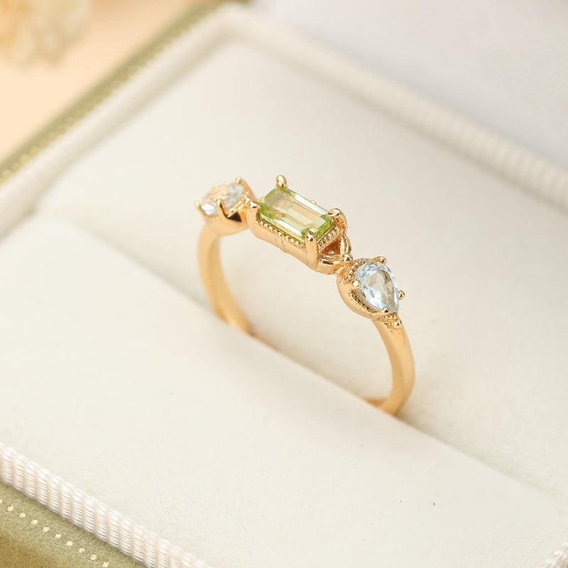 Bague Péridot Topaze Bleue – Argent Plaqué Or Ajustable - Biloria