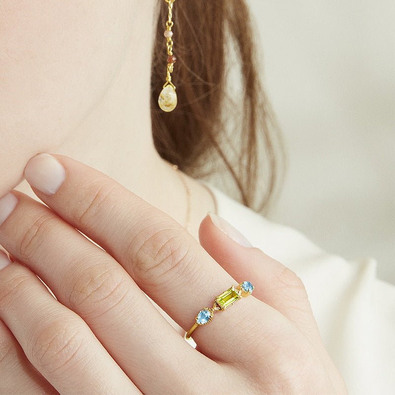 Bague Péridot Topaze Bleue – Argent Plaqué Or Ajustable - Biloria