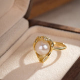 Bague Perle Blanche 9x9mm Argent Plaqué Or Ajustable - Biloria