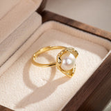 Bague Perle Blanche 9x9mm Argent Plaqué Or Ajustable - Biloria