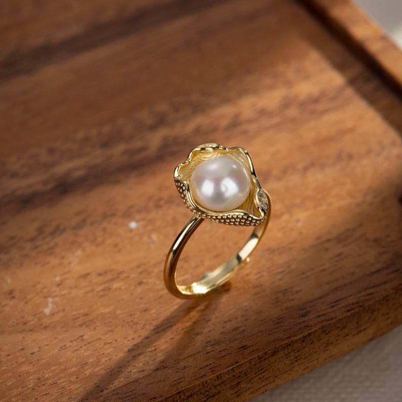 Bague Perle Blanche 9x9mm Argent Plaqué Or Ajustable - Biloria