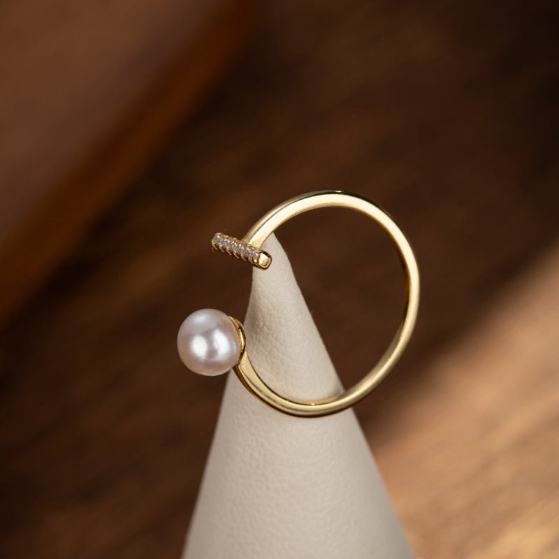 Bague Perle et Zircon Argent Plaqué Or Symbole Sagesse - Biloria