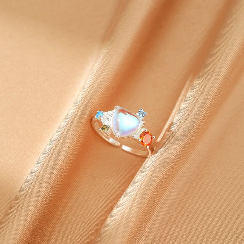 Bague Pierre de Lune ajustable argent cœur céleste zircons - Biloria
