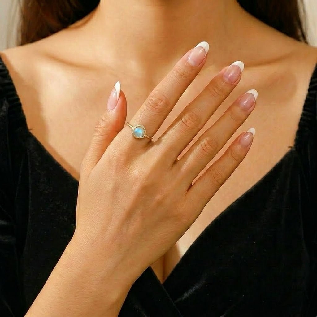 Bague Pierre de Lune ajustable argent plaqué or 10K - Biloria