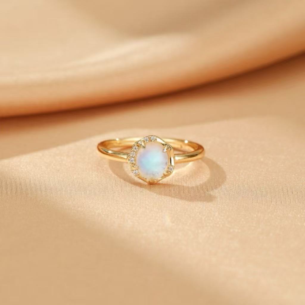 Bague Pierre de Lune ajustable argent plaqué or 10K - Biloria