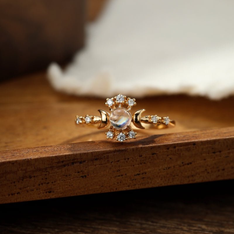 Bague Pierre de Lune Étoile Lune Argent Plaqué Or Ajustable - Biloria