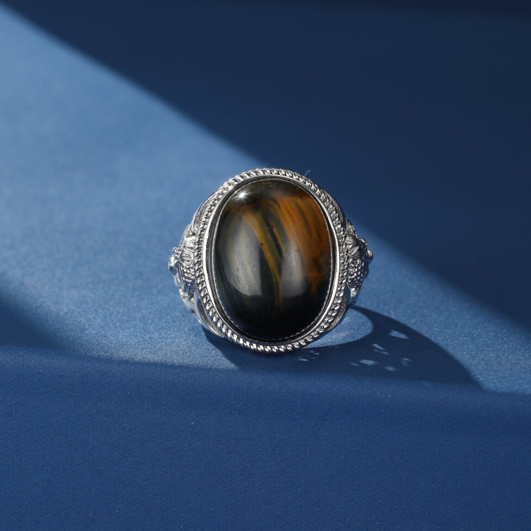 Bague Pierre Naturelle Malachite Œil de Tigre Argent 925 Ajustable - Biloria