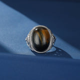 Bague Pierre Naturelle Malachite Œil de Tigre Argent 925 Ajustable - Biloria