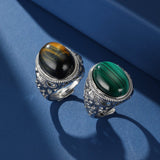 Bague Pierre Naturelle Malachite Œil de Tigre Argent 925 Ajustable - Biloria