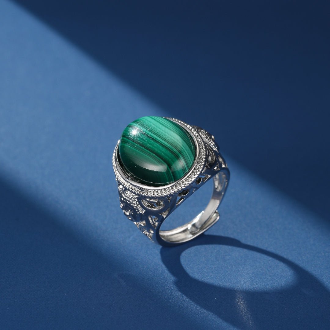 Bague Pierre Naturelle Malachite Œil de Tigre Argent 925 Ajustable - Biloria