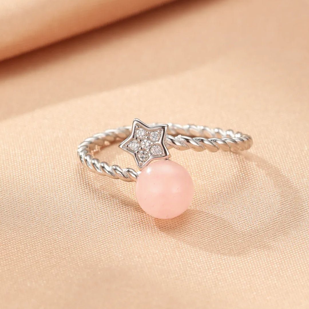 Bague Quartz Rose Argent 925 Ajustable Étoile Zircon - Biloria