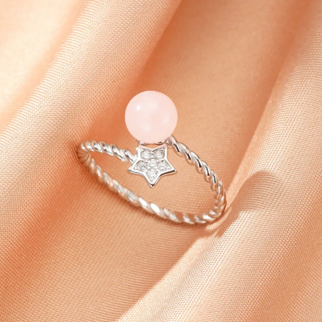 Bague Quartz Rose Argent 925 Ajustable Étoile Zircon - Biloria