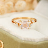 Bague Quartz Rose et Zircon Argent Plaqué Or Design Feuillu Feng Shui - Biloria