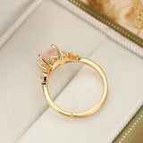 Bague Quartz Rose et Zircon Argent Plaqué Or Design Feuillu Feng Shui - Biloria
