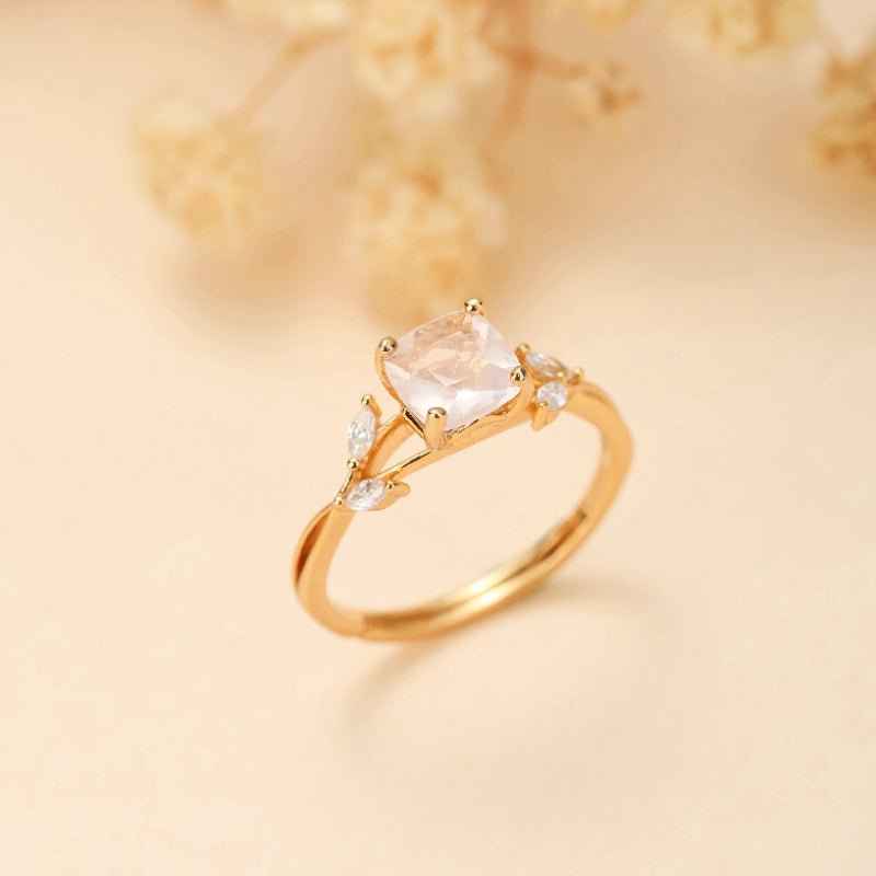 Bague Quartz Rose et Zircon Argent Plaqué Or Design Feuillu Feng Shui - Biloria