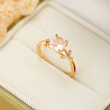 Bague Quartz Rose et Zircon Argent Plaqué Or Design Feuillu Feng Shui - Biloria