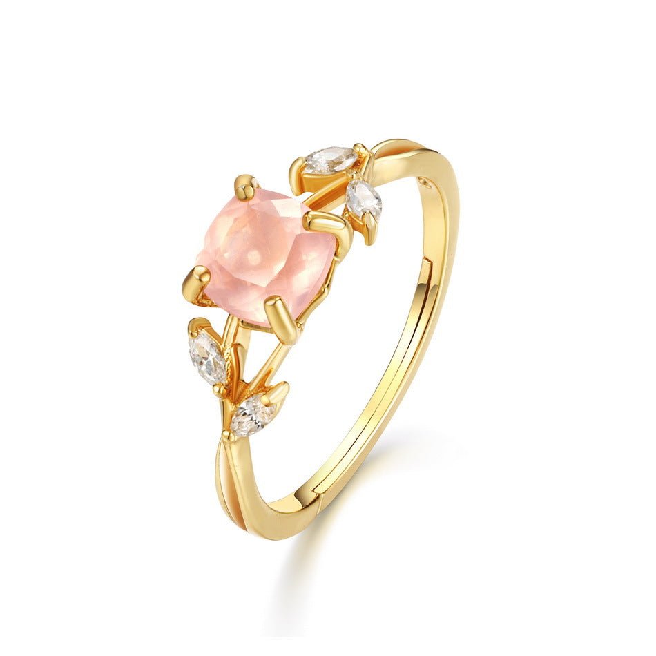 Bague Quartz Rose et Zircon Argent Plaqué Or Design Feuillu Feng Shui - Biloria