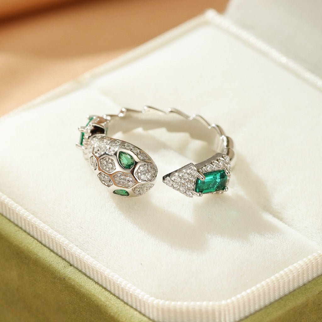 Bague Serpent Mystique avec Émeraude et Zircons - Argent 925 Ajustable - Biloria