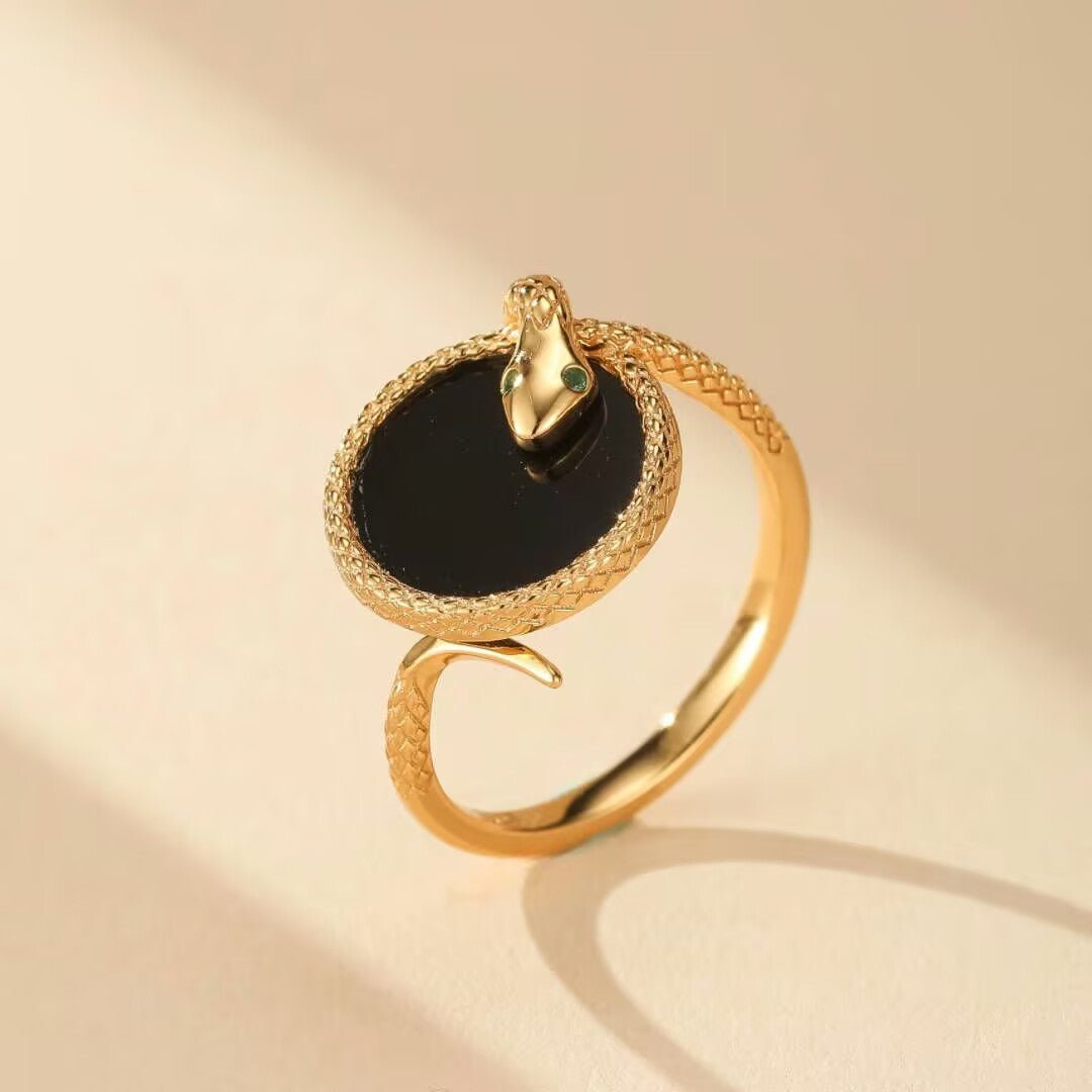 Bague Serpent Royal en Argent Plaqué Or avec Onyx - Bijou Cadeau - Biloria