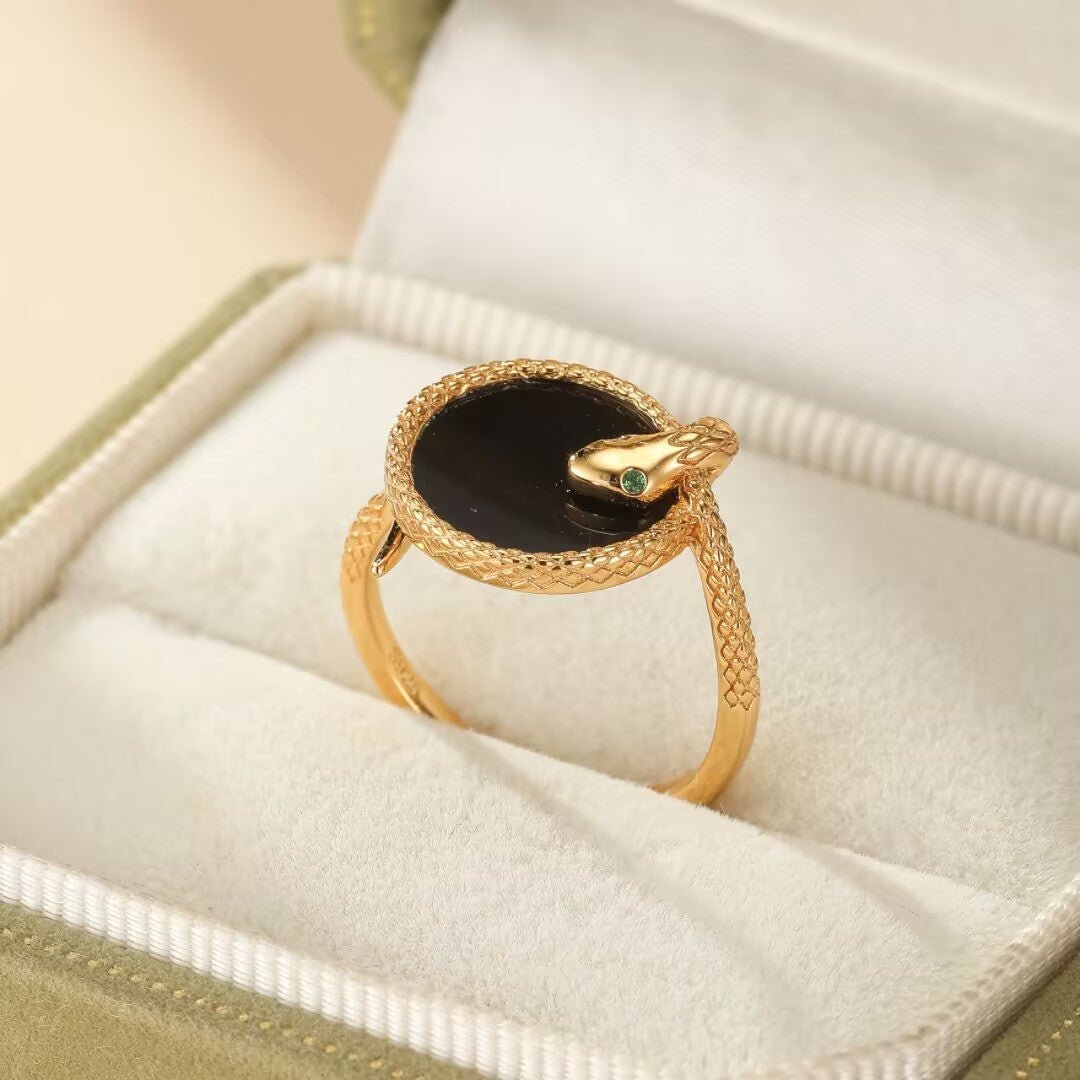 Bague Serpent Royal en Argent Plaqué Or avec Onyx - Bijou Cadeau - Biloria