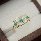 Bague spirituelle Pierre de Lune et Turquoise Florale Argent Plaqué Or - Biloria