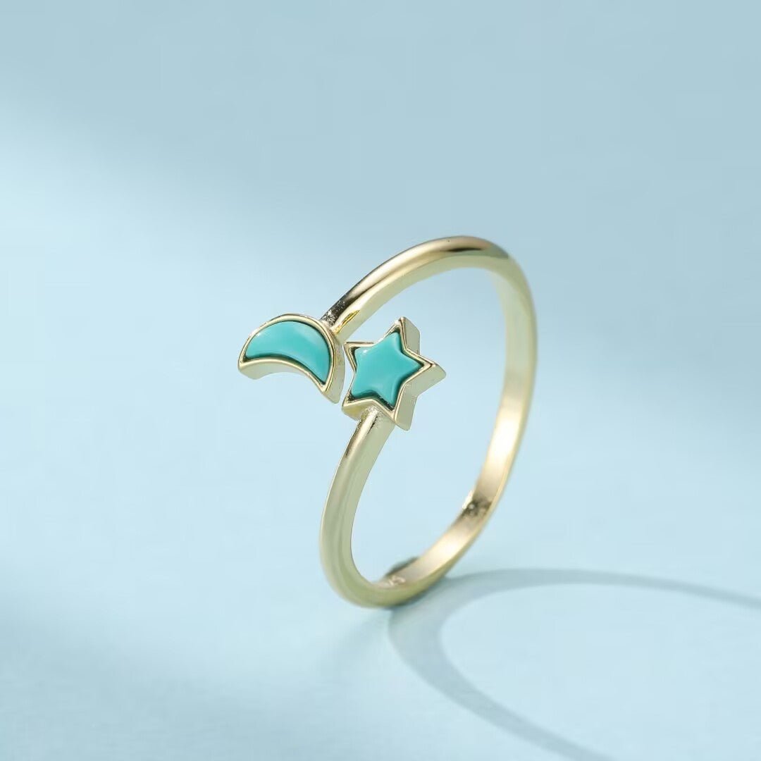Bague Turquoise Lune Étoile en Argent Plaqué Or - Biloria