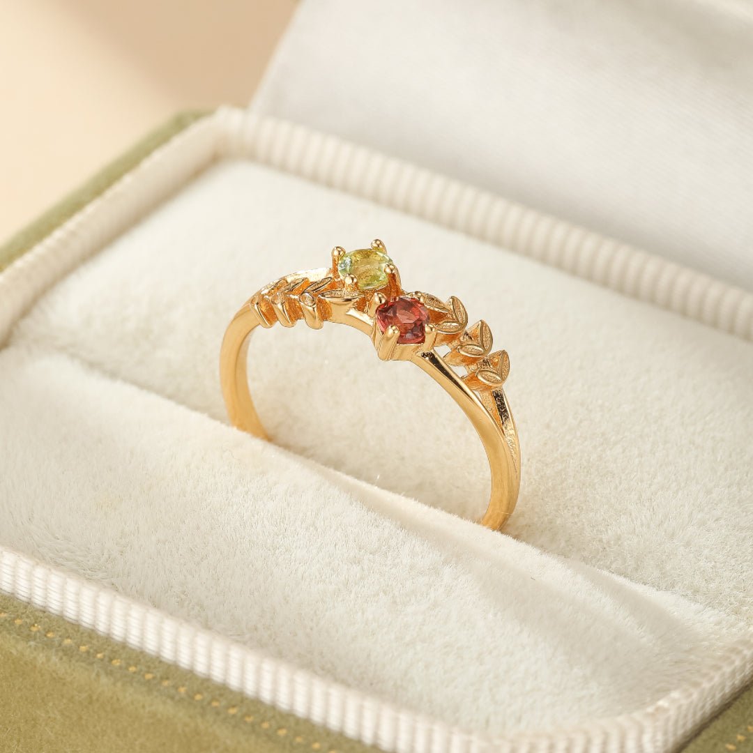 Bague Vigne Éternelle Grenat Péridot Argent Plaqué Or Ajustable - Biloria