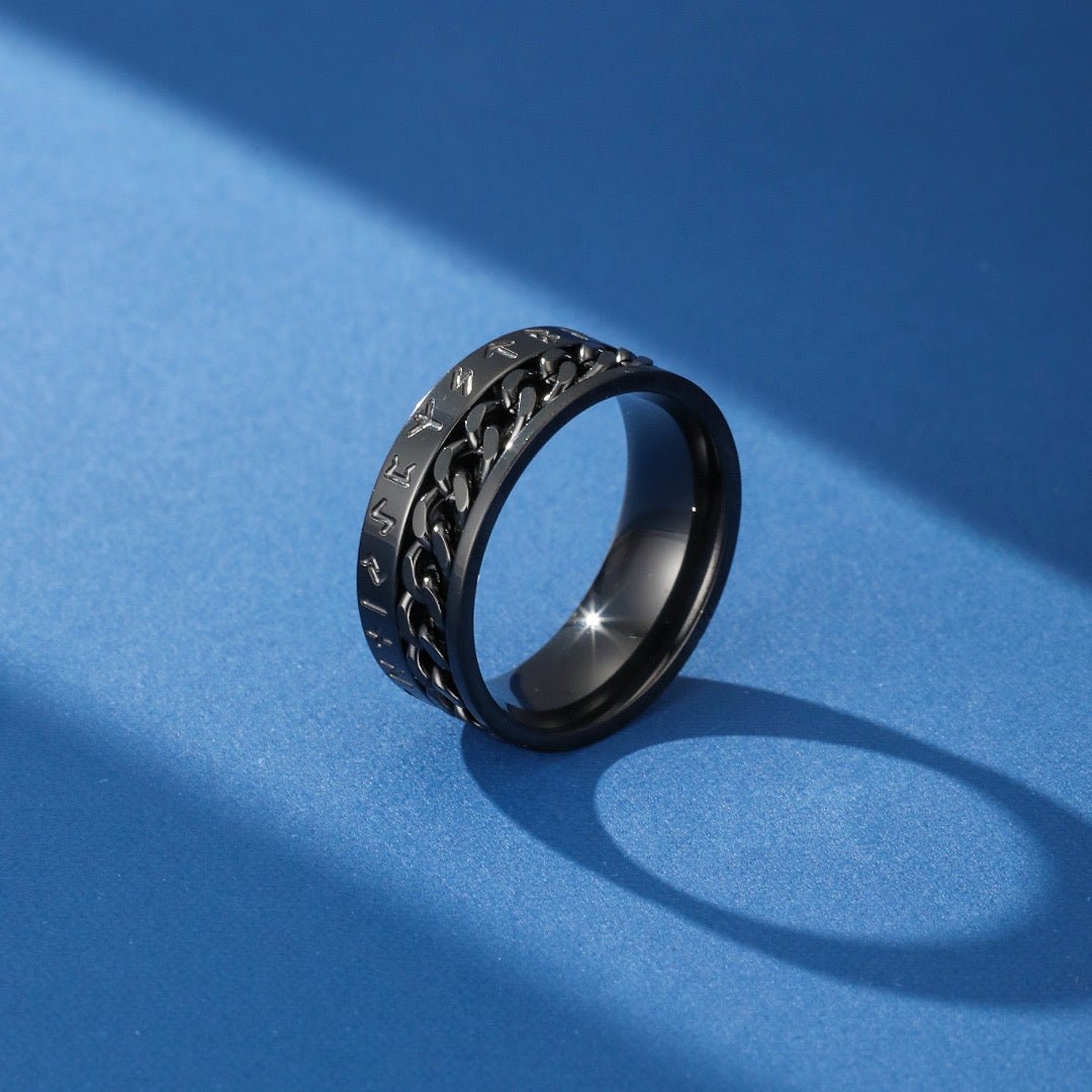 Bague Viking Noire avec Runes et Chaîne Mobile - Biloria