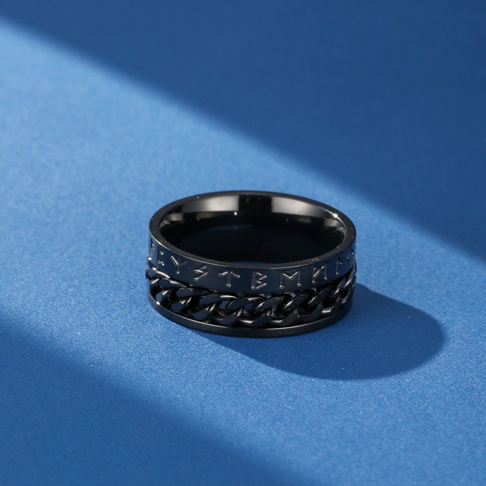 Bague Viking Noire avec Runes et Chaîne Mobile - Biloria