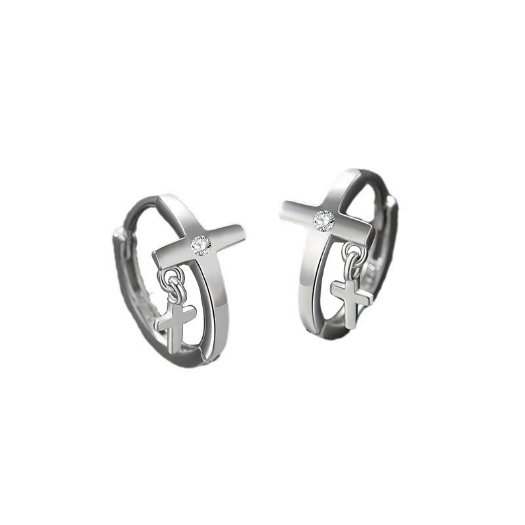 Boucle d'Oreille Croix Homme Argent 925 Zircon Blanc - Biloria