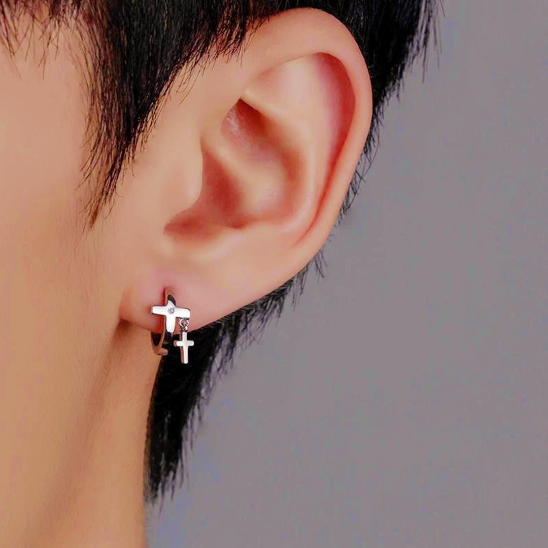 Boucle d'oreille homme croix argent 925 zircon blanc - Biloria