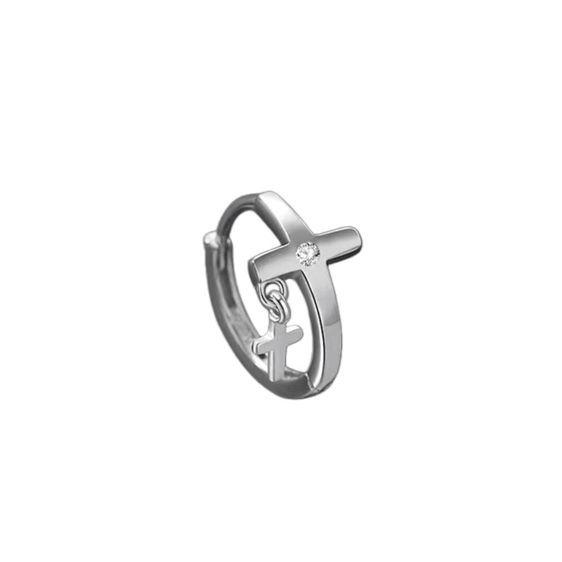 Boucle d'oreille homme croix argent 925 zircon blanc - Biloria