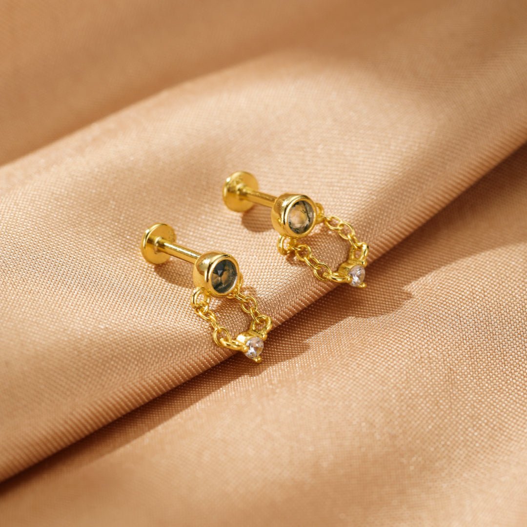 Boucles d'Oreille Agate Mousse Chaîne Élémentaire Argent Plaqué Or - Biloria
