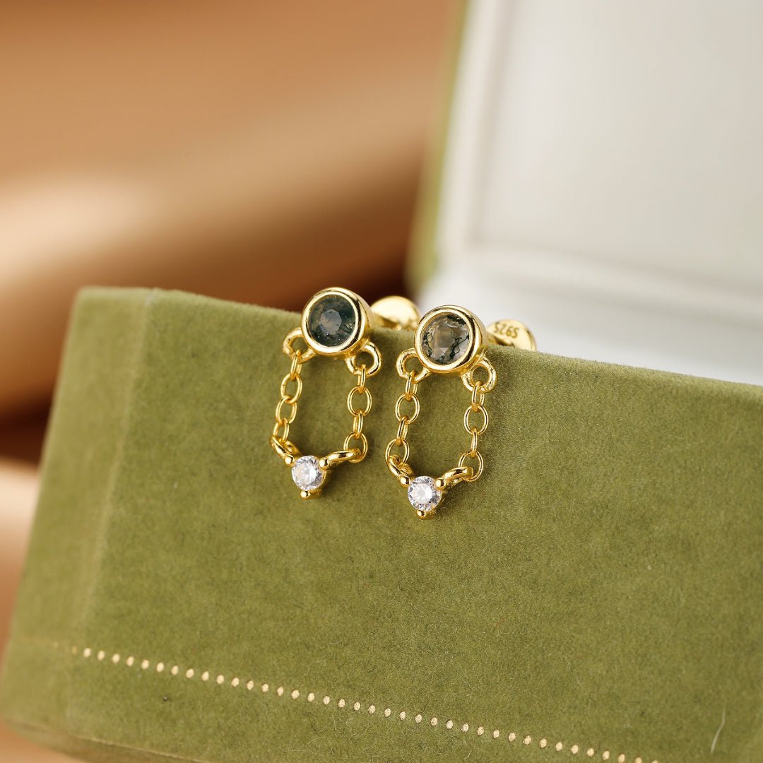 Boucles d'Oreille Agate Mousse Chaîne Élémentaire Argent Plaqué Or - Biloria