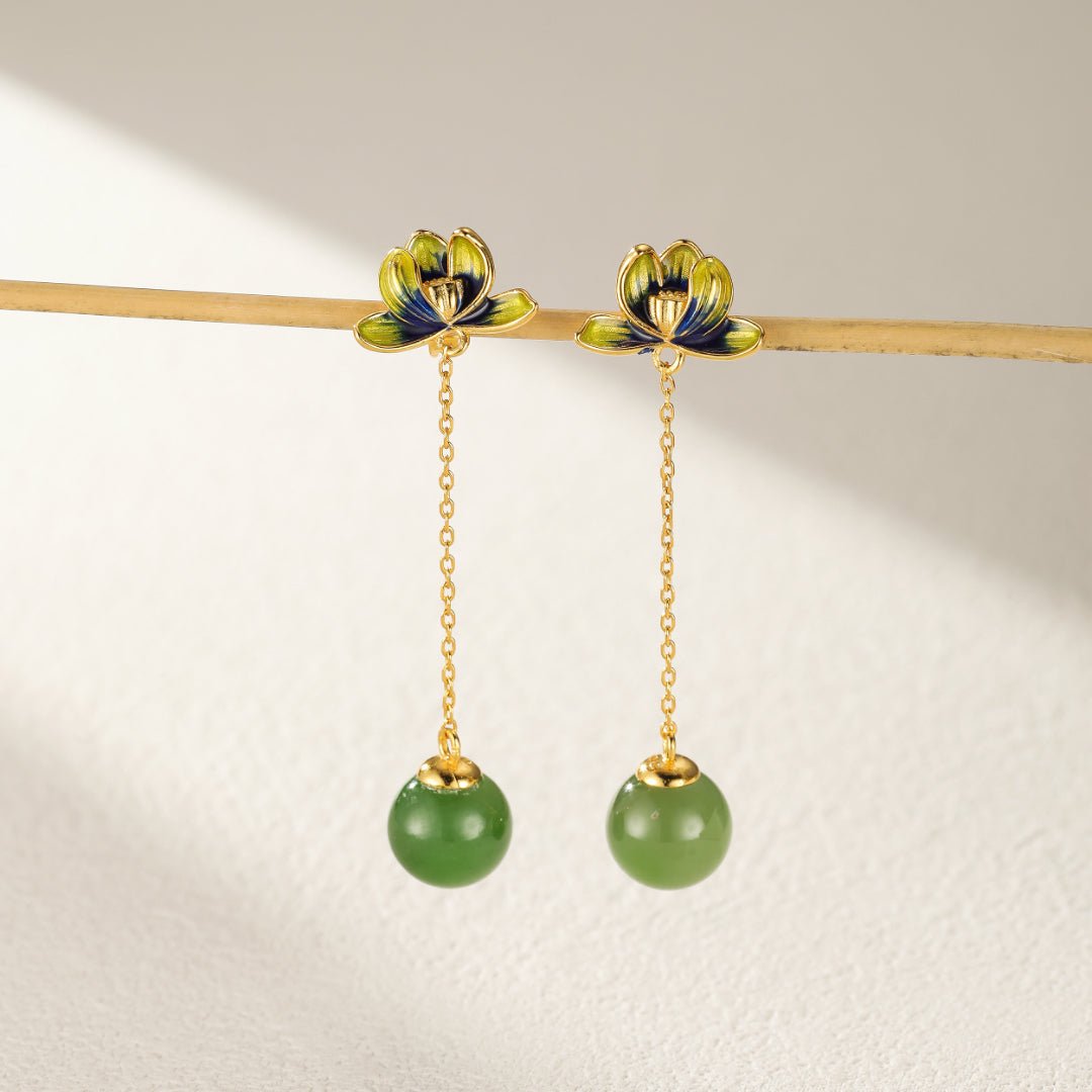 Boucles d'Oreille Lotus Bleu et Jade Néphrite - Argent Plaqué Or - Biloria