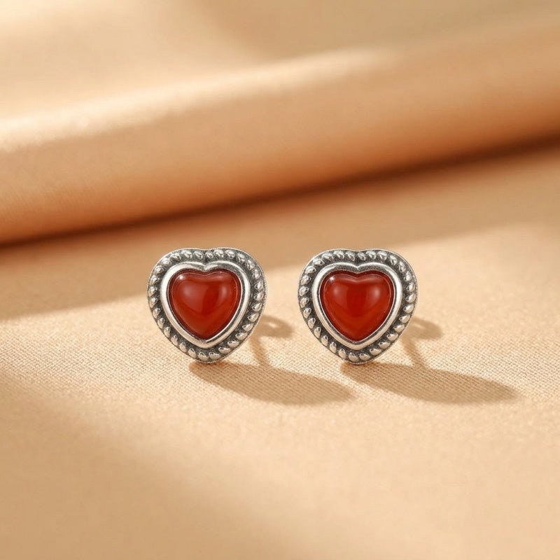 Boucles d'oreilles Agate Rouge forme Cœur en Argent 925 - Biloria