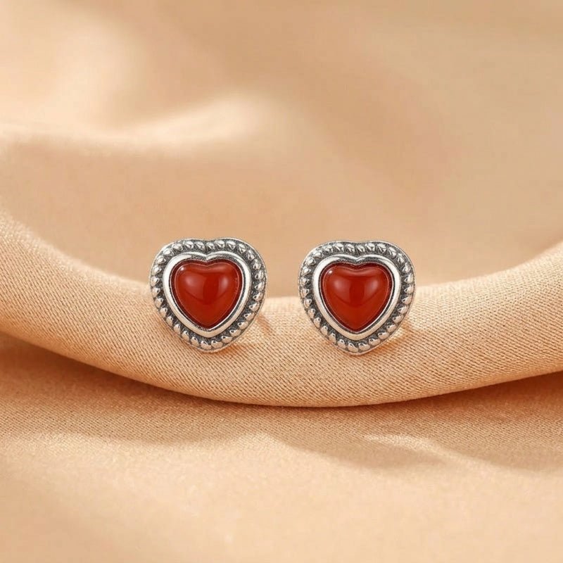 Boucles d'oreilles Agate Rouge forme Cœur en Argent 925 - Biloria