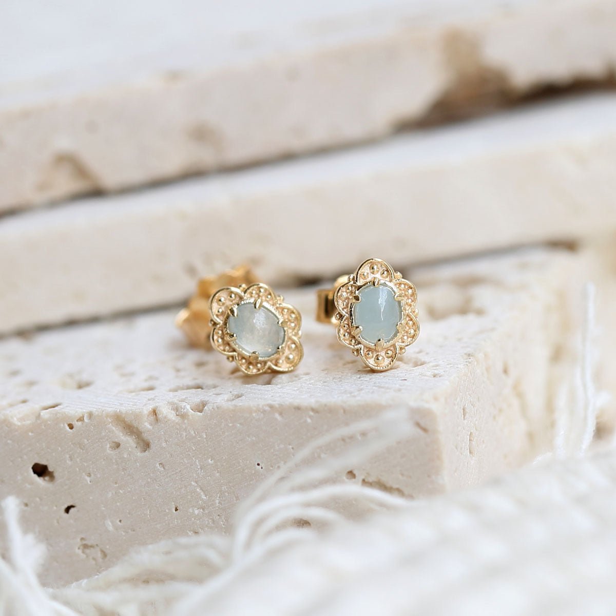 Boucles d'Oreilles Aigue Marine Dorées – Bijou Pierre Naturelle - Biloria