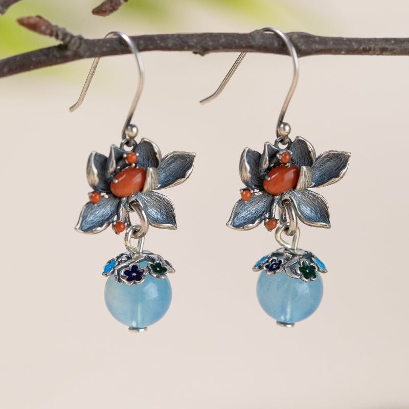 Boucles d'Oreilles Aigue Marine Lotus Argent 925 Sérénité - Biloria